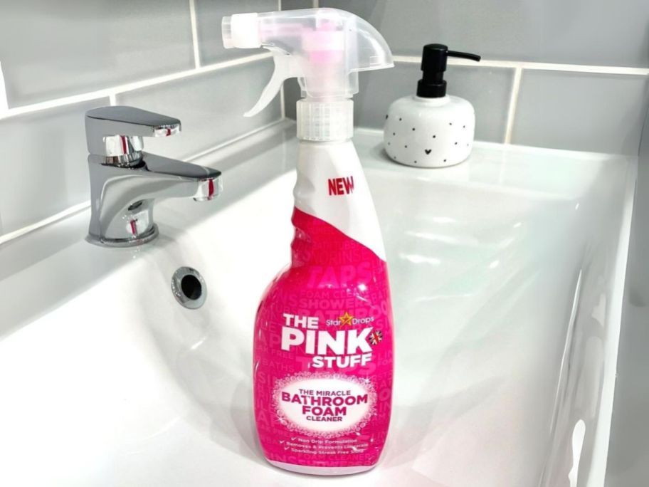 the pink stuff bathroom cleaner in sink 