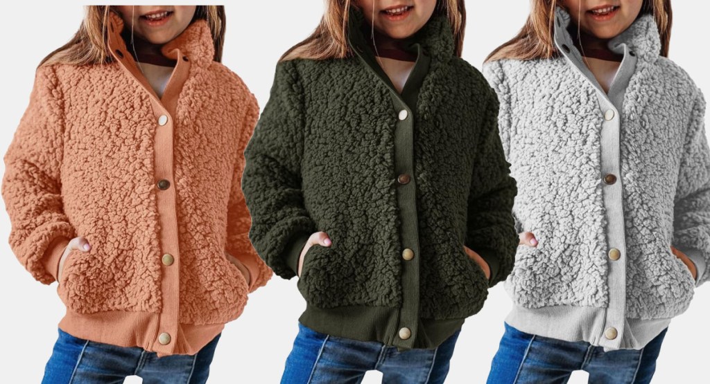three stock images with little girl wearing different color sherpa jacket