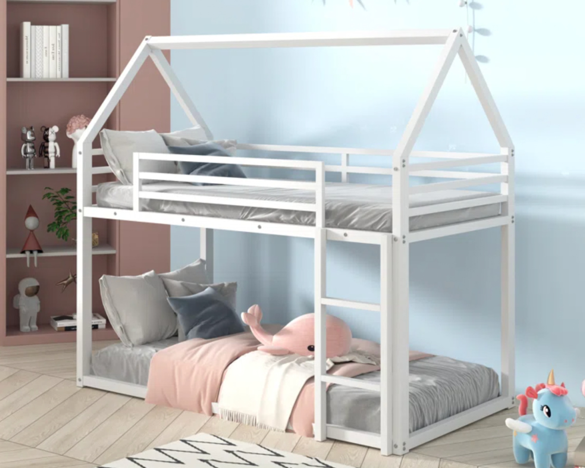 white kids bunk bed with house frame