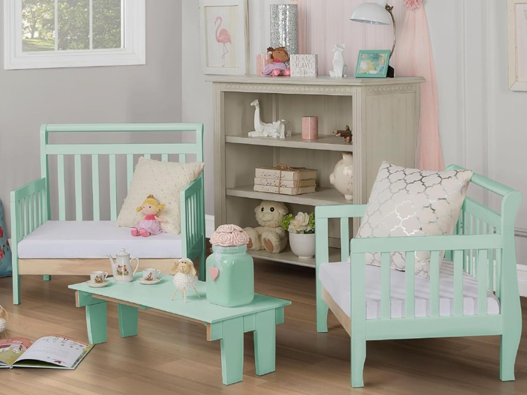 mint colored toddler table and benches