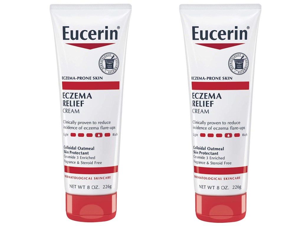 two stock image of Eucerin Eczema Relief Cream Daily Lotion 8oz Tube