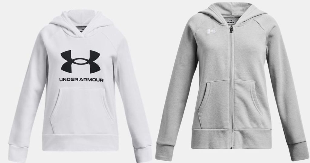white girls Under Armour hoodie and grey zip up Under Armour hoodie