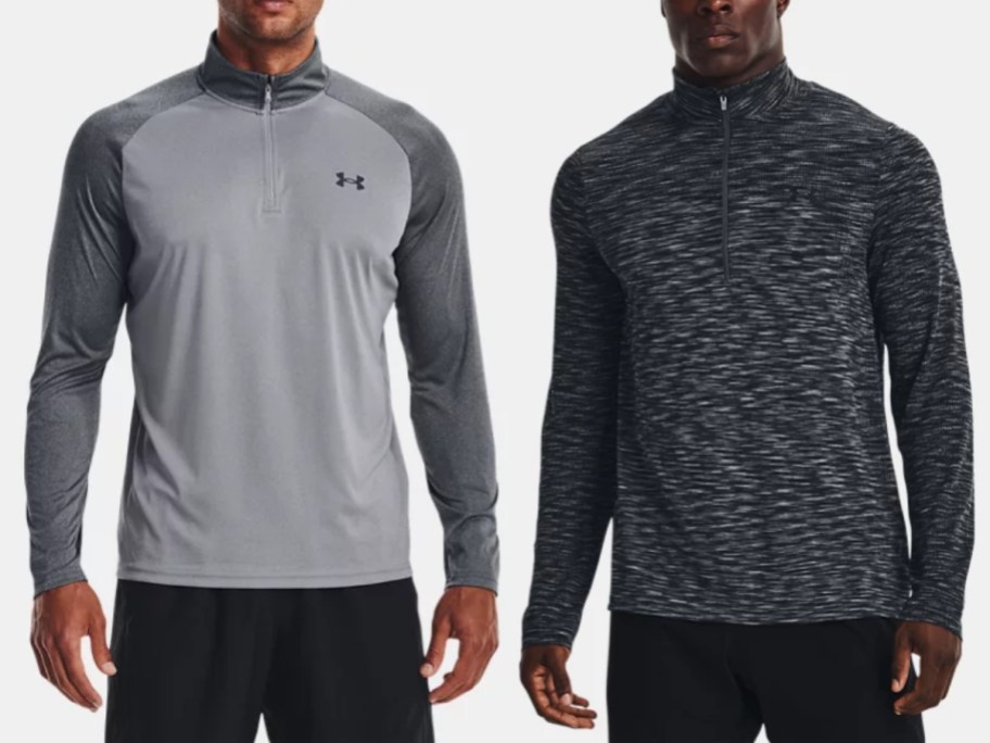man wearing a 2-tone grey Under Armour pullover and man wearing a black and grey space dye heathered look Under Armour pullover