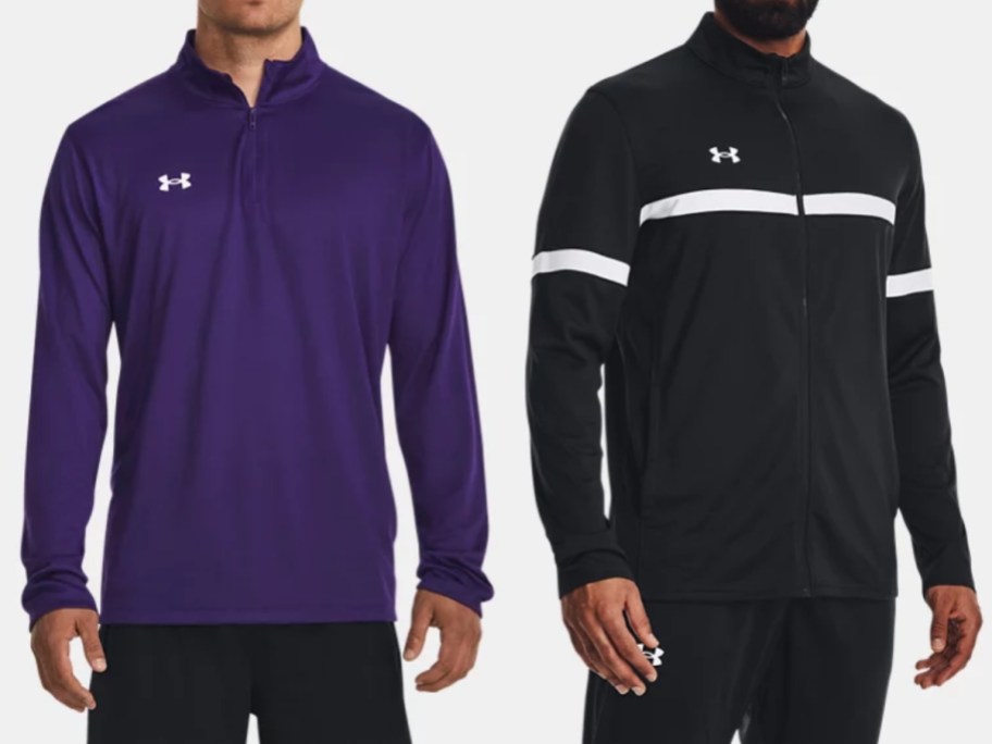 man wearing a blue Under Armour pullover and man wearing a black and white stripe Under Armour zip jacket