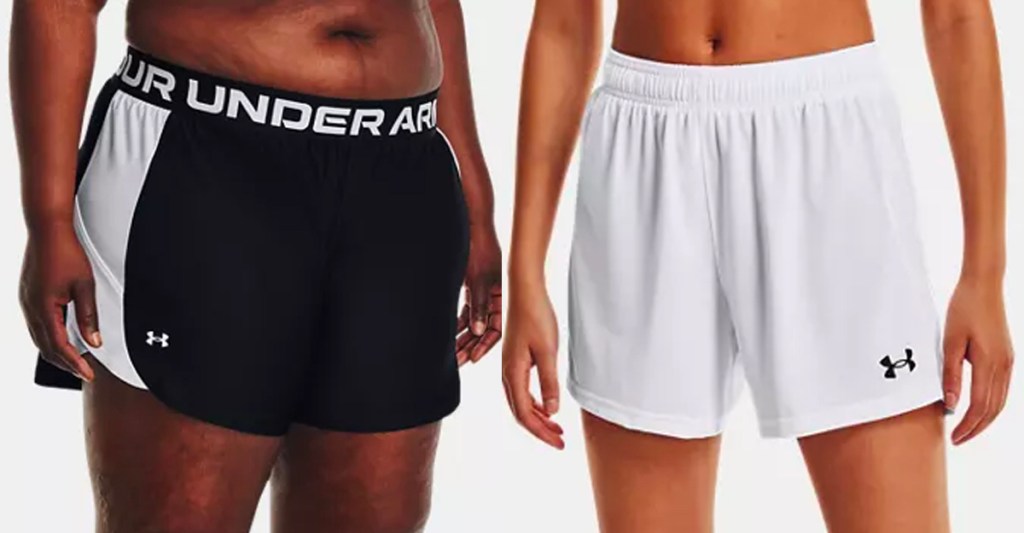 two women wearing black and white under armour shorts