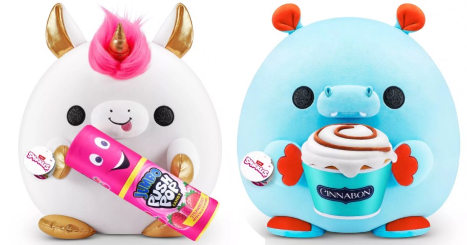 white unicorn and blue bear snackles with push pop and cinnabun coffee plush stock images