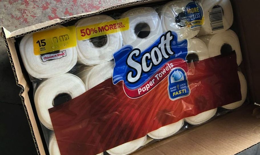 scott paper towels 15 count double rolls package in a cardboard box