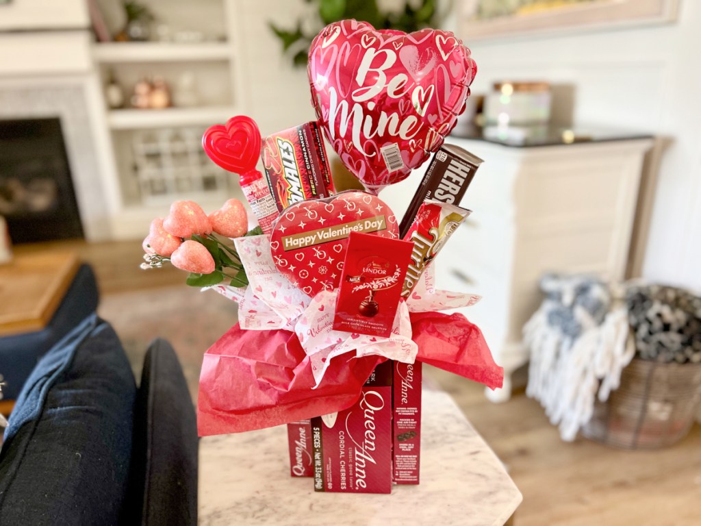 valentine's day candy bouquet with dollar tree supplies