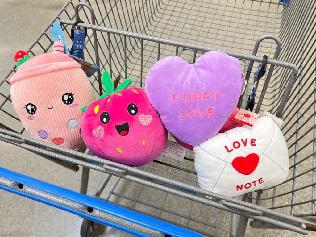 valentines plush from walmart dollar spot in shopping cart in-store