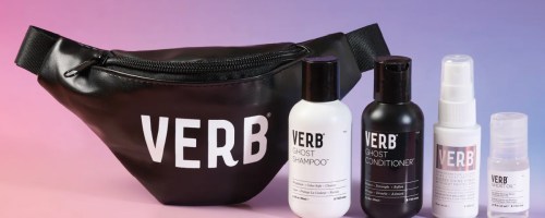 verb travel sized products next to black fanny pack