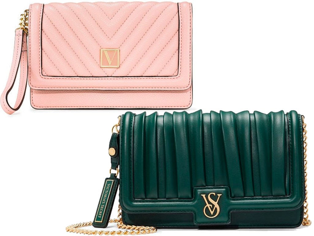 pink and dark green victorias secret purses