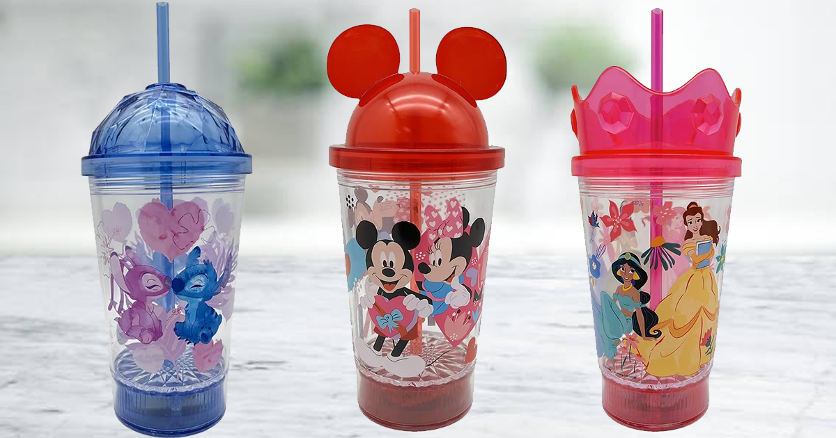 stitch, mickey, and princess tumblers on countertop