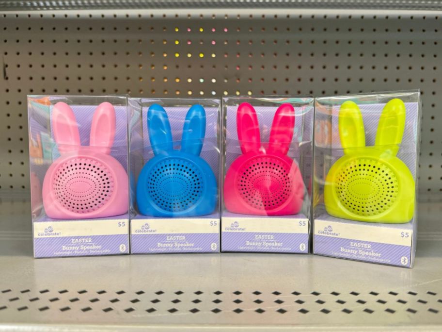 colorful bunny bluetooth speakers on shelf