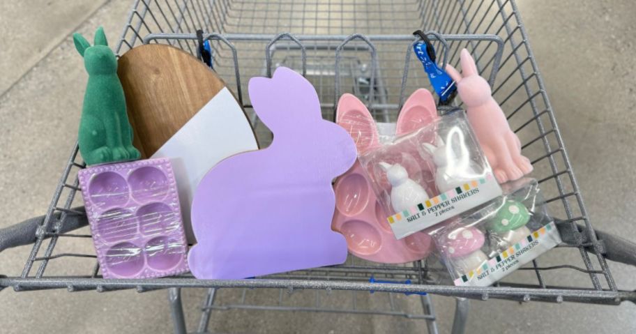 Walmart cart filled with Easter items from the Walmart dollar shop