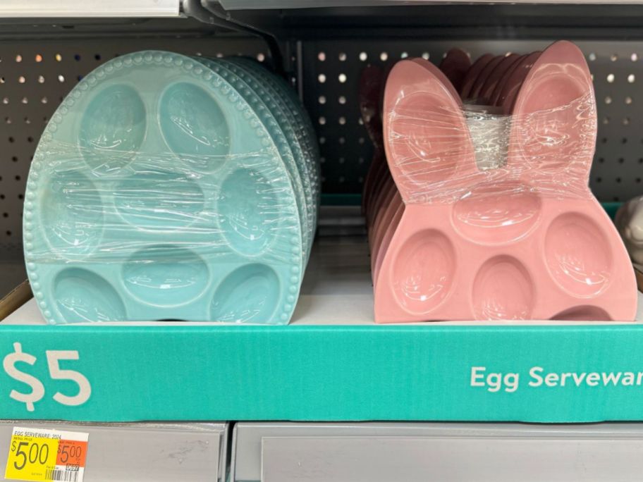 egg shaped and bunny rabbit shaped Egg Serving Trays on display shelf
