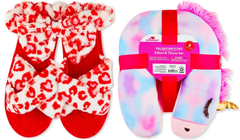 red and white valentinesday slipper and headband gift set, and a kids pillow and throw gift set