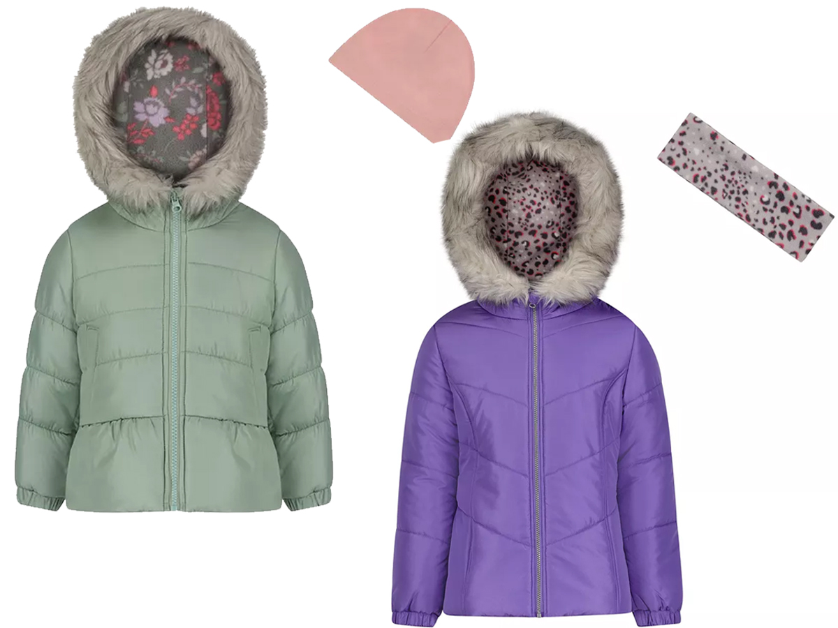 green and purple weathertamer puffer jackets with pink beanie and headband