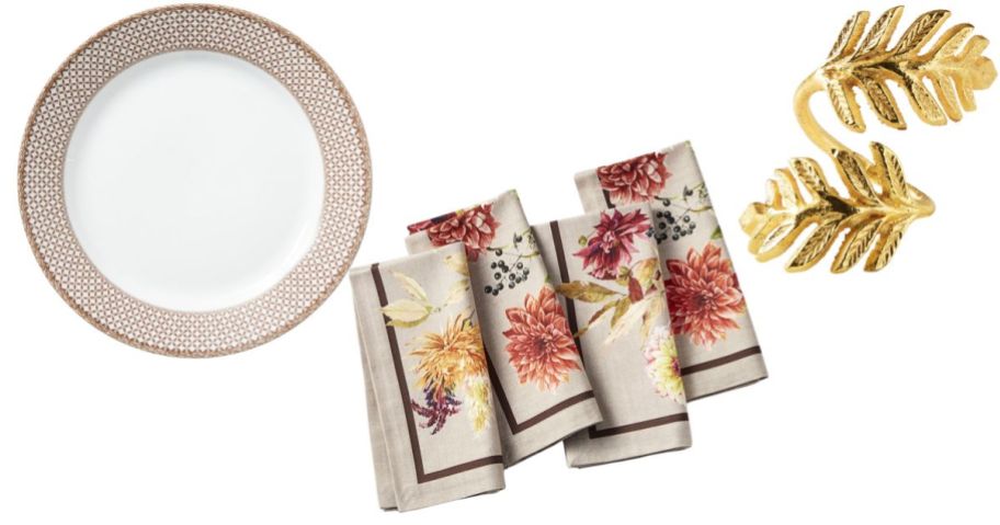 dinner plate, napkins, and napkin ring