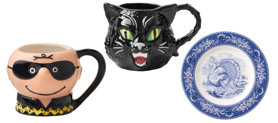 a charlie brown and black cat mug and a blue turkey plate