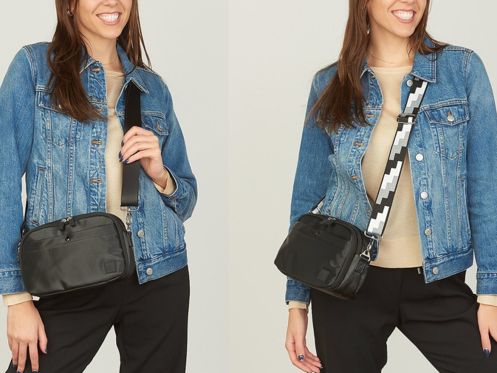 woman wearing the QVC crossbody bag in black with different straps