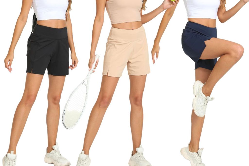 3 models wearing different colors of womens 5 inch inseam running shorts