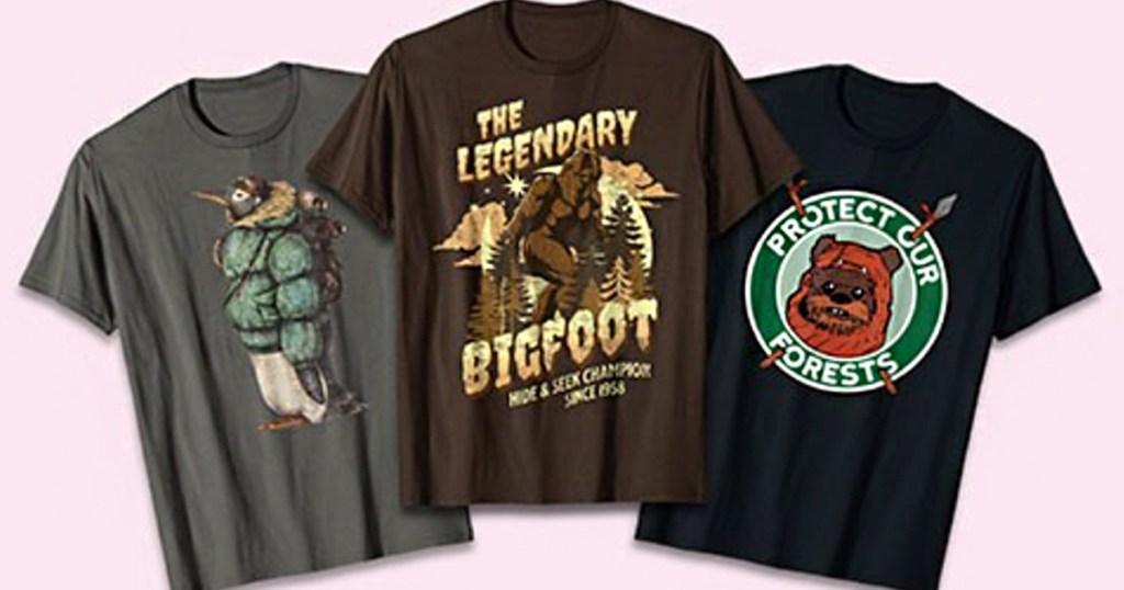 gray tee, brown bigfoot tee and black star wars tees