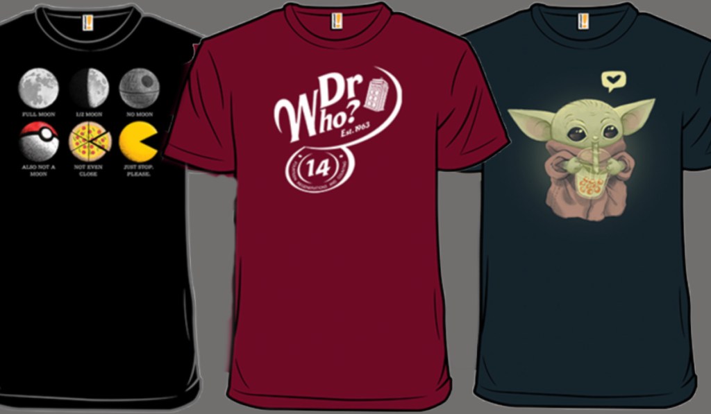 dr who, pokemon, and yoda graphic shirts