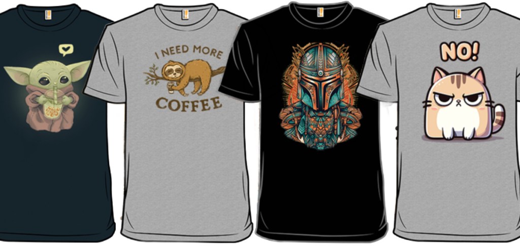 sloth, yoda, mandalorian, and grumpy cat graphic shirts