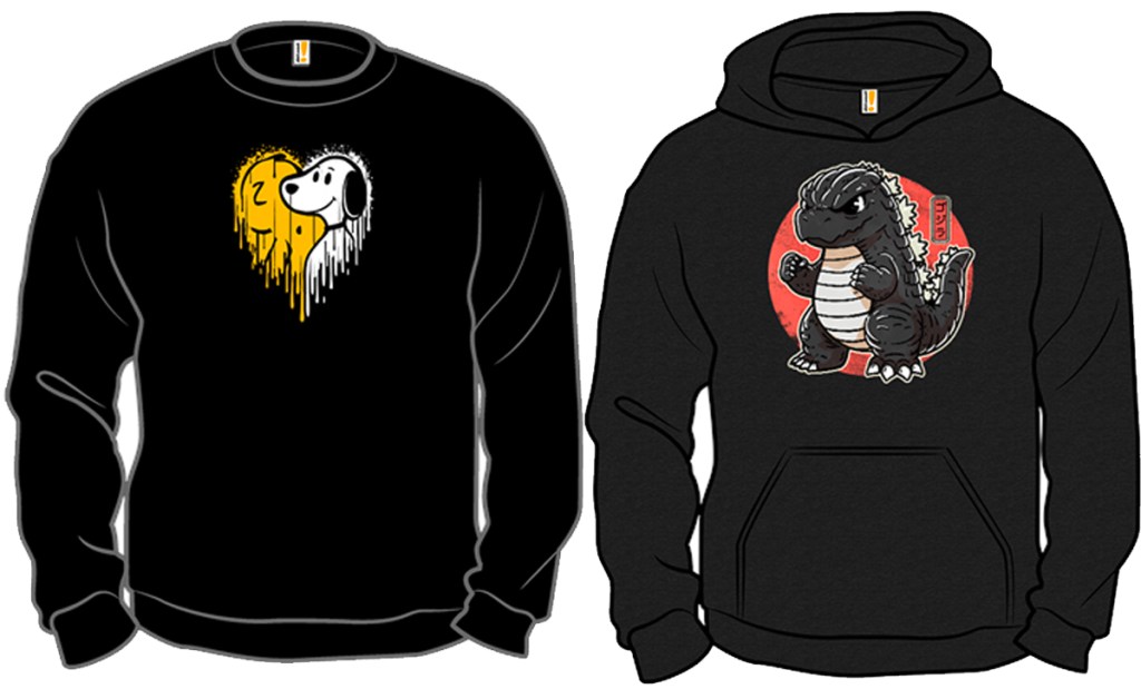 black snoopy sweatshirt and black godzilla sweatshirts