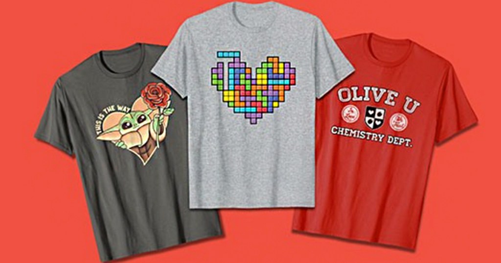 gray grogu, gray block heart, and red olive valentines day tees