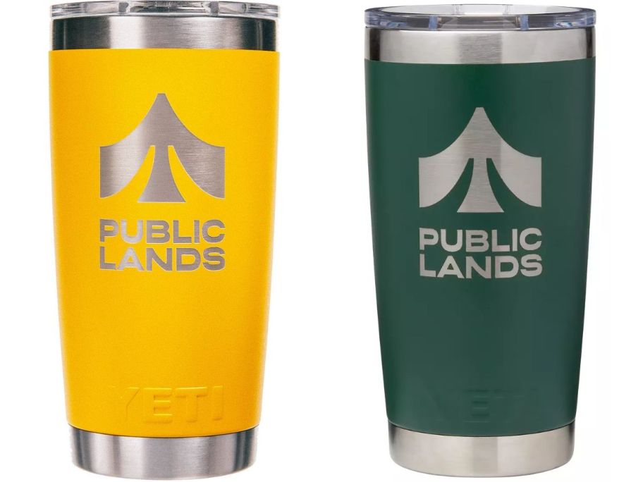 a green and a yellow YETI Rambler tumbler both with Public Lands logo on them in silver