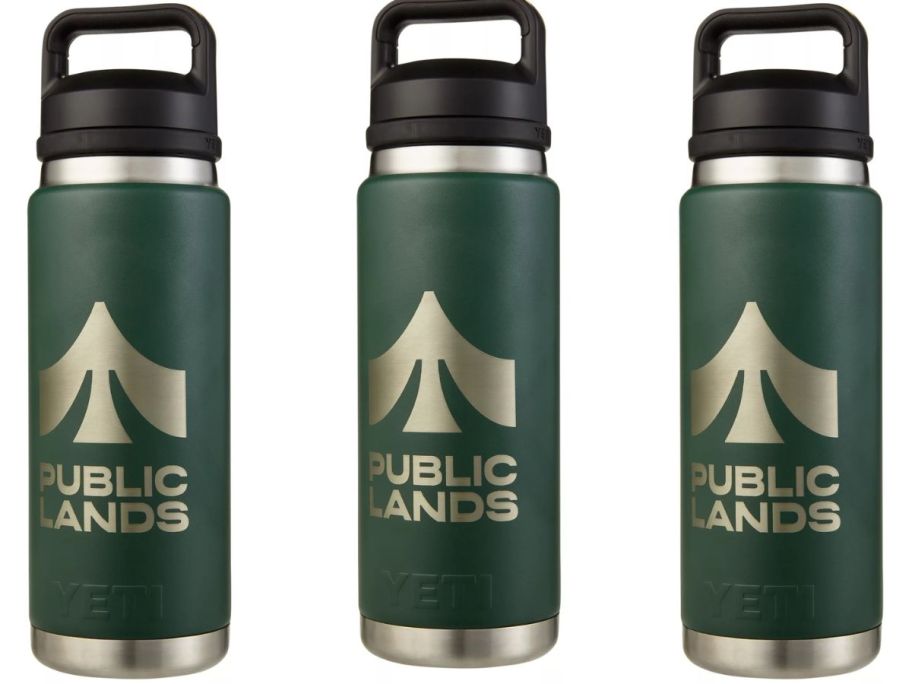 three dark green YETI ramblers with chug cap with Public Lands logo