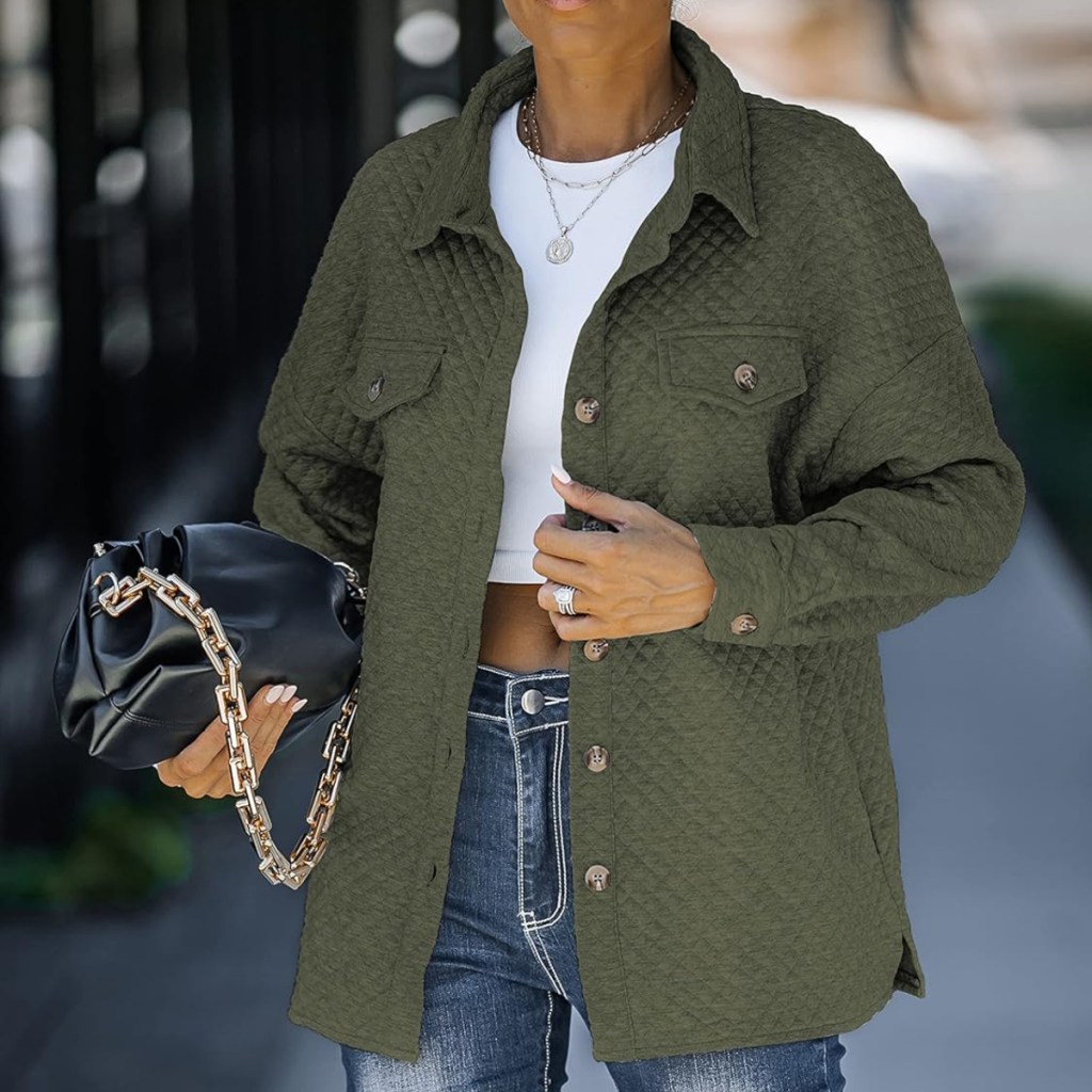 woman wearing olive colored shacket