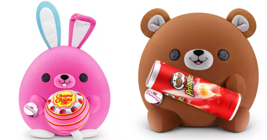 pink bunny and brown bear with pringles snackles stock images