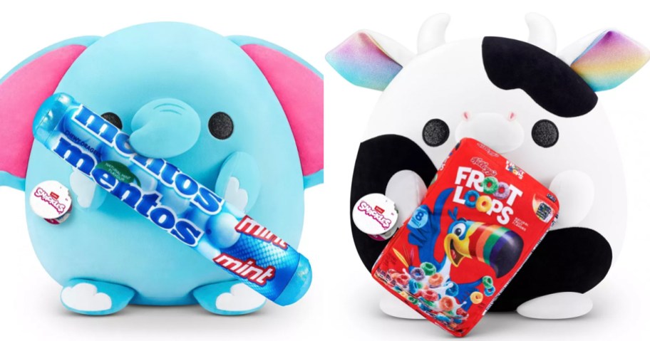 blue elepant with mentos and cow with froot loops plush stock images
