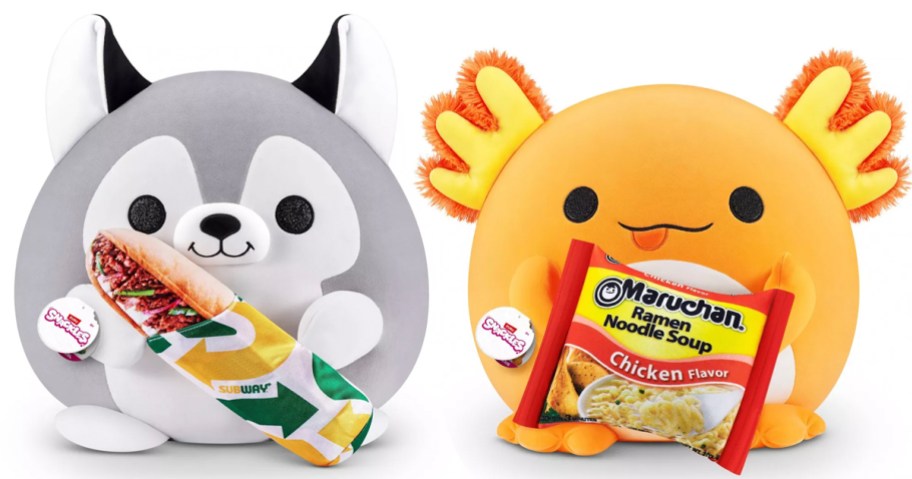 husky with subway and axolottl with marachun noodles plush stock images