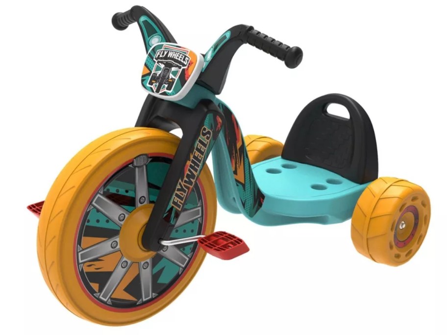 kid's yellow, black, and blue 3 wheel ride on toy