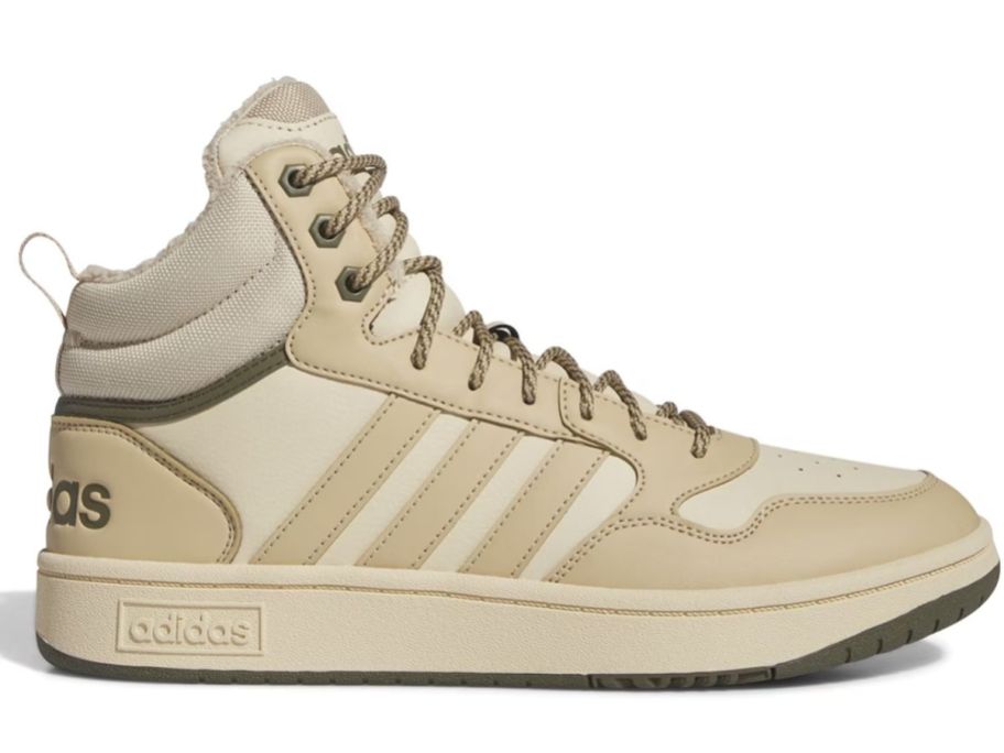 off white and tan men's high top adidas shoe