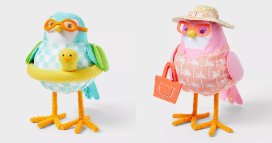 2 decorative birds in summer clothing