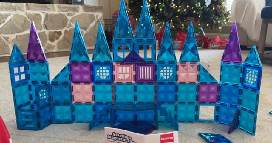blue, pink, purple magnetic building tiles in a castle shape