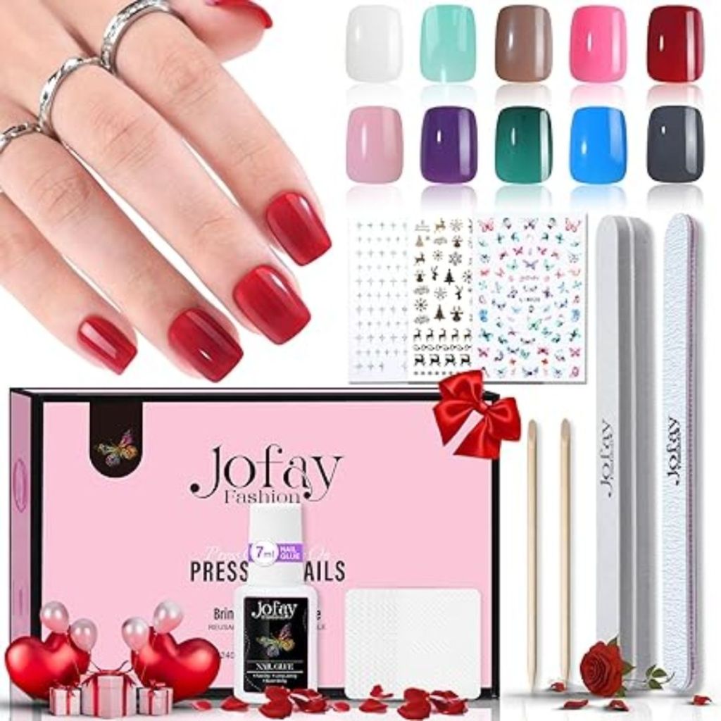 image of Jofay Press On Nails kit with box, supplies, included color nails and hand wearing a set