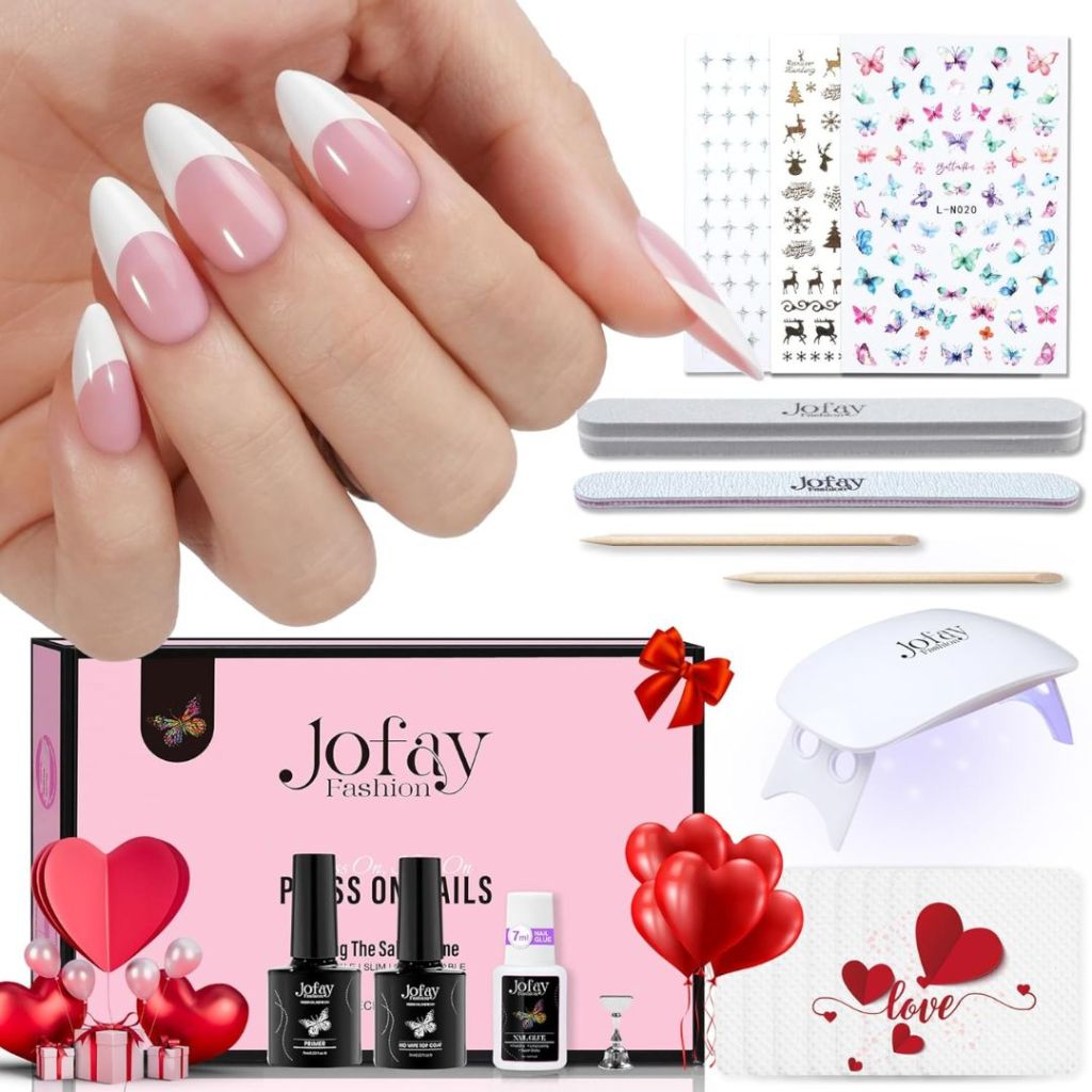 image of Jofay Press On Gel Medium French Tip Nails kit with box, supplies, included color nails and hand wearing a set