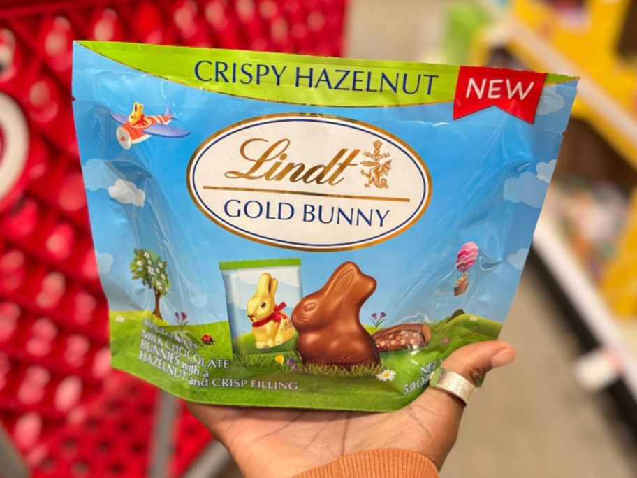 hand holding a Lindt Gold Hazelnut Chocolate Bunnies pouch