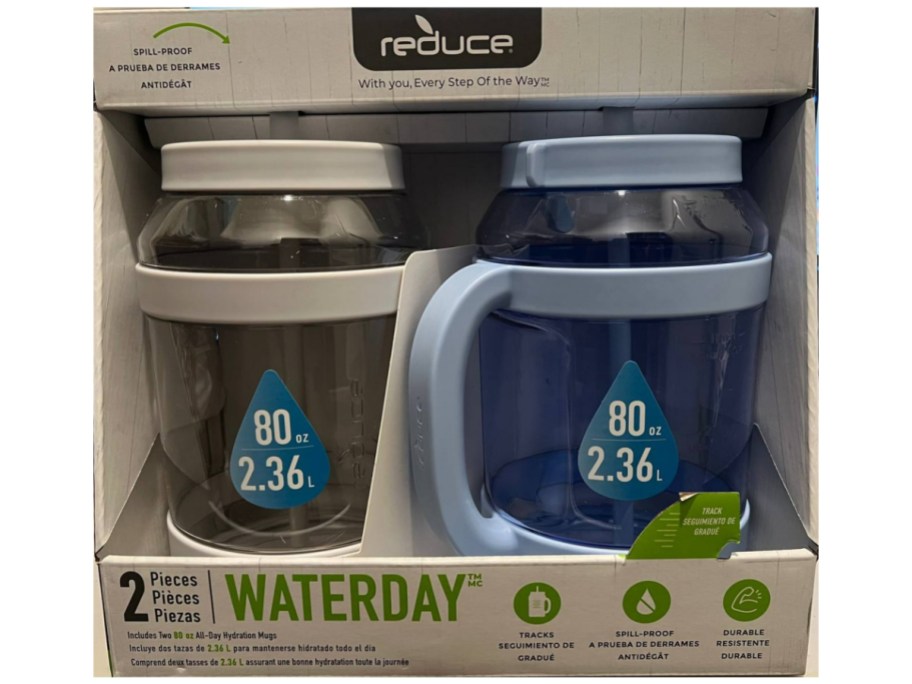 2 pack of HUGE jugs in gray and blue inside of their box