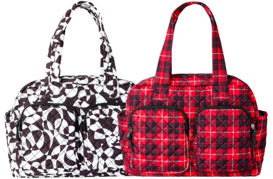 a black and white and a red plaid 2 pocket totes on white background