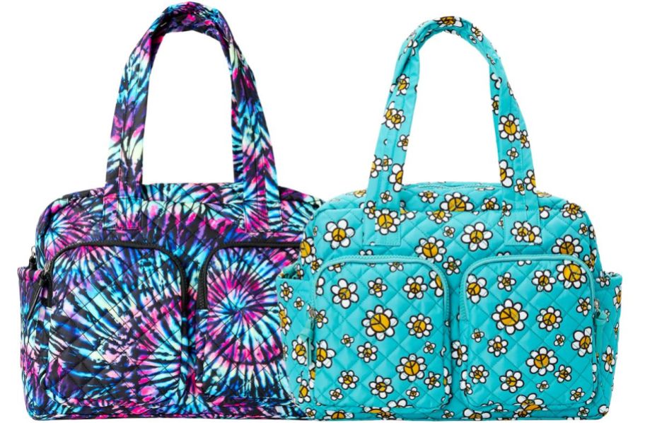 a tie dye 2 pocket tote and a blue floral peace sign 2 pocket totes on white background