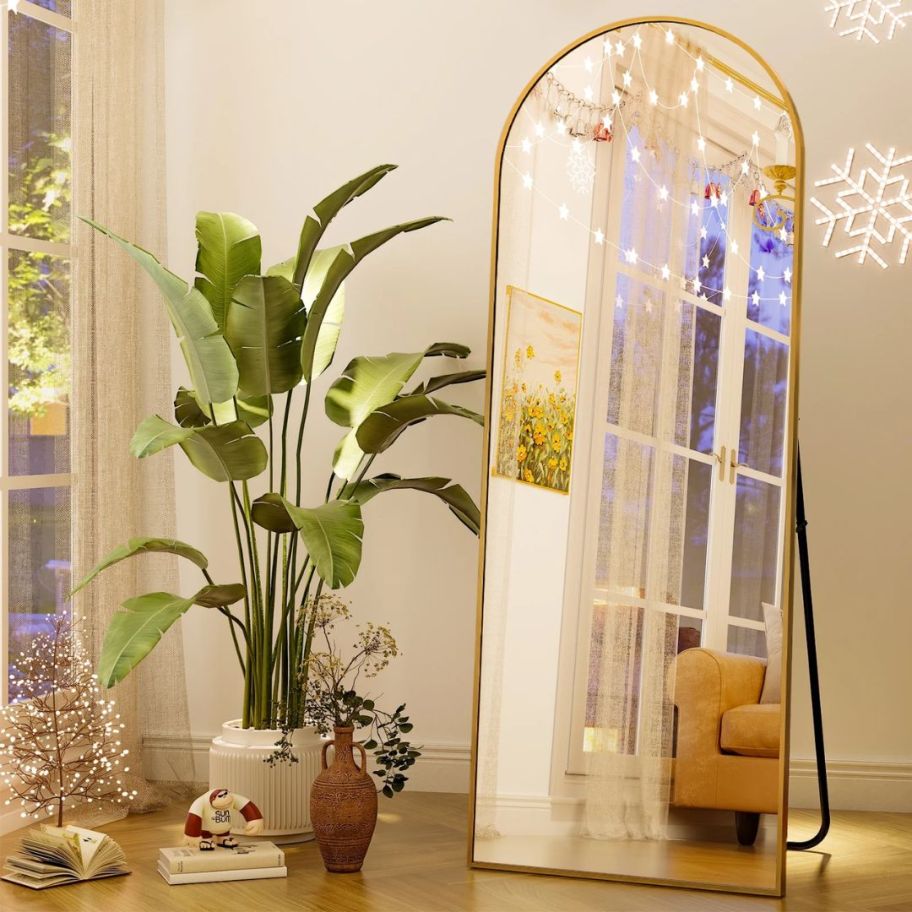 large floor length gold arched mirror against a wall with a a large plant beside it