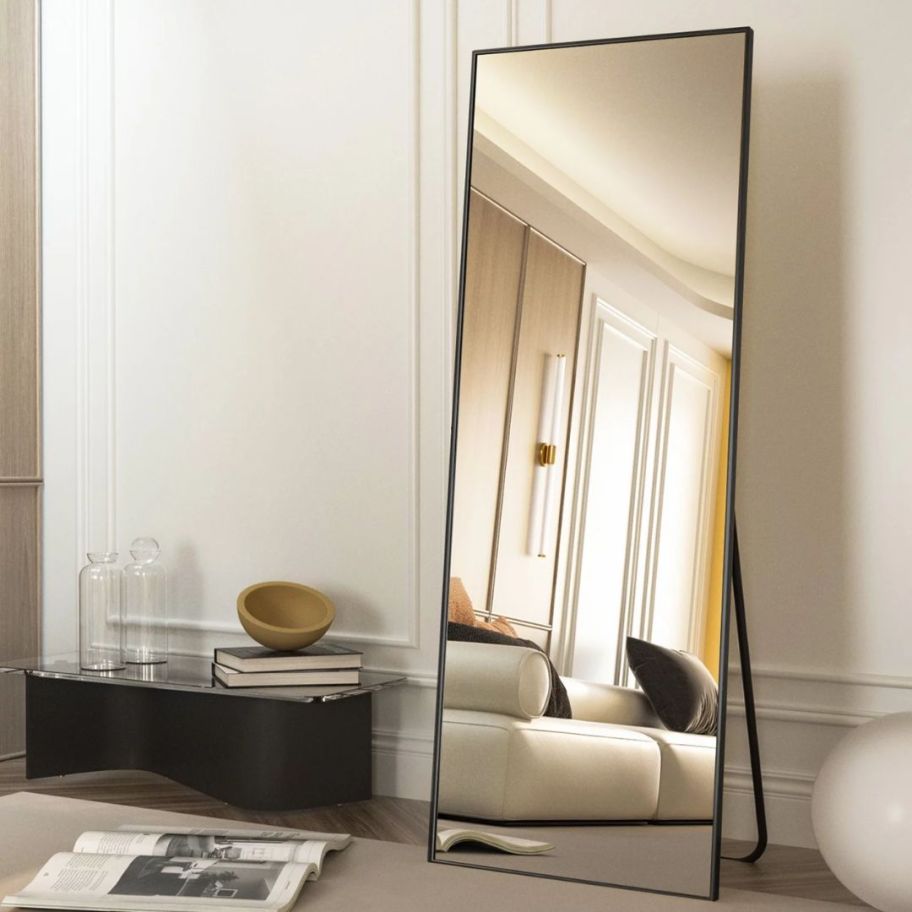 large rectangle black mirror with stand against a wall in living room