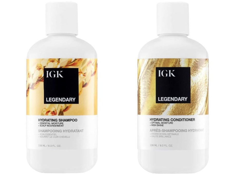 white, yellow and black IGK Legendary Dream Hair Shampoo and Conditioner bottles