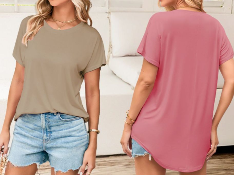 women wearing different color high low hem tshirts one showing the front of the shirt and one showing the back